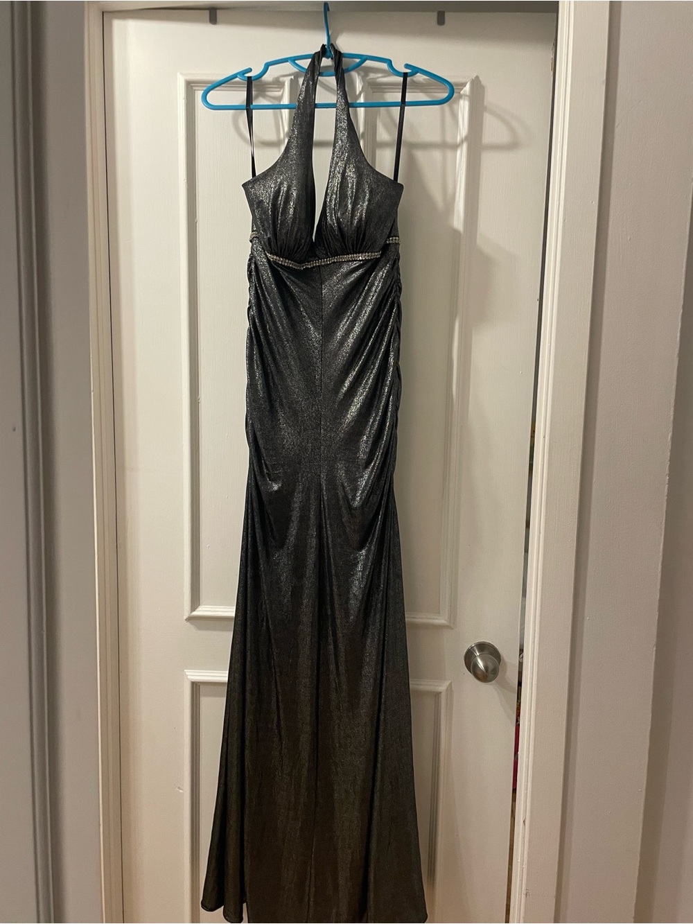 Metallic Black Halter Evening Gown